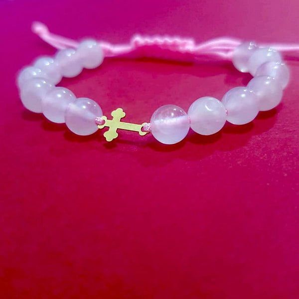 Pulsera niña Cuarzo rosa - Cruz Oro 14k
